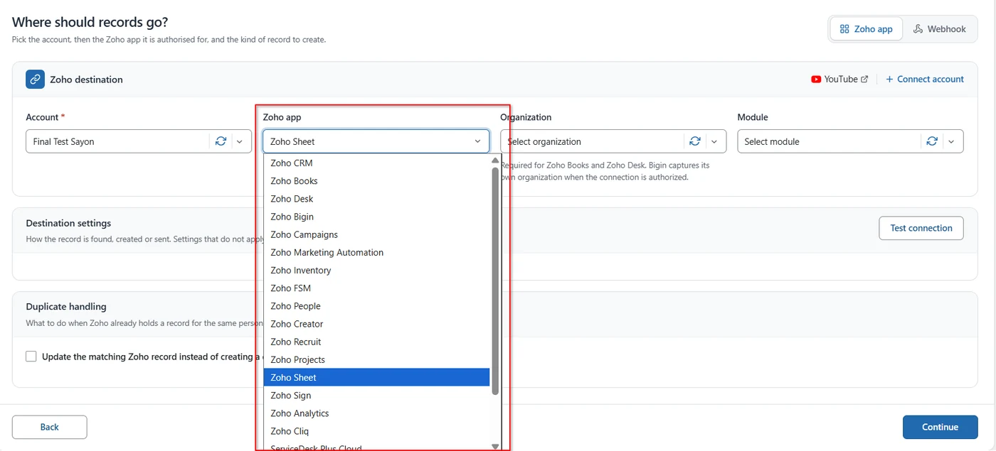 Zoho app dropdown with Zoho Sheet selected in FormBridge for Zoho