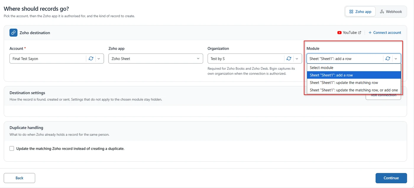 Module dropdown listing Zoho Sheet actions: add a row, update the matching row, or update or add