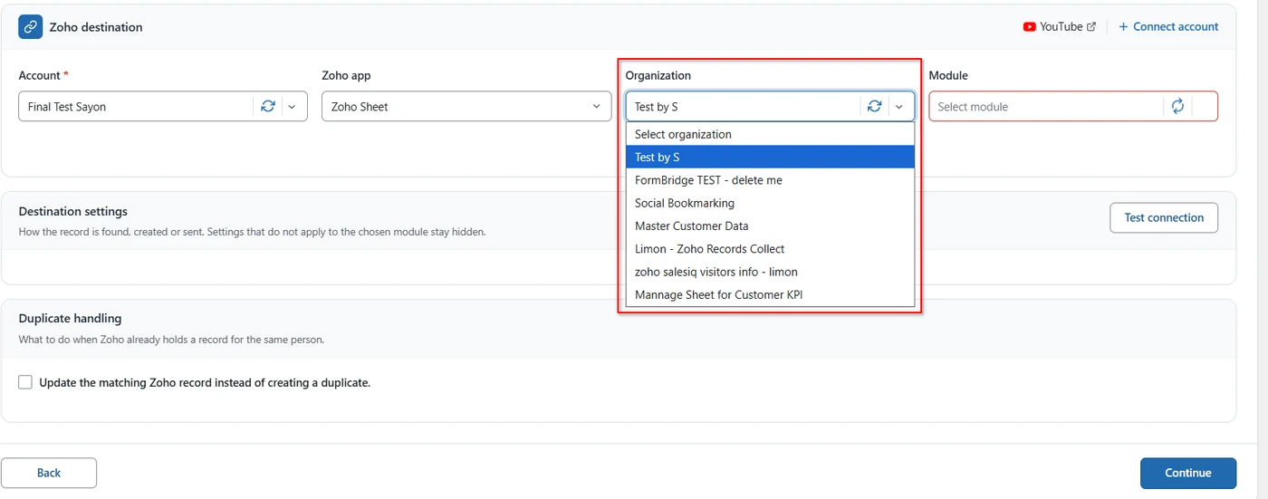 Organization dropdown listing Zoho Sheet workbooks in FormBridge for Zoho