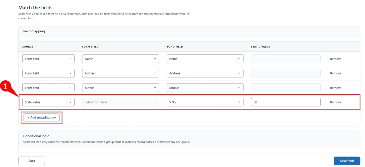 Mapping row set to Static value writing a fixed number into a Zoho Sheet column