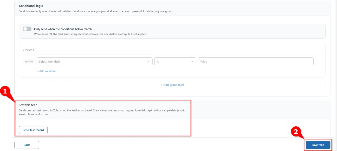 Send test record button and Save feed button at the end of a Zoho Sheet feed